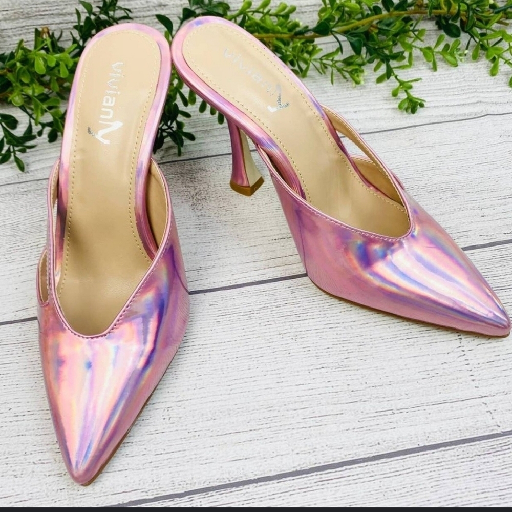 VIVIANLY Pointe Toe Pink Iridescent Slip On Mule Heels Size 6